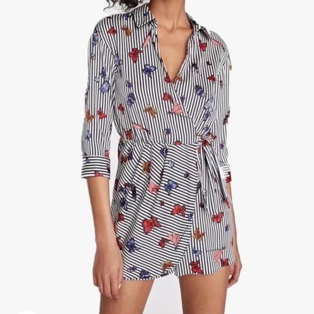 Zara Butterfly Print Striped Wrap Romper Tie‎ Waist Long Sleeve Size Small
